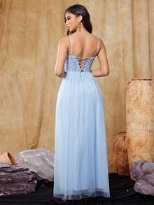 Drawstring Herring Bone Sequin Mesh Extra-Long Women's Formal Evening Dress - Blue - View 3