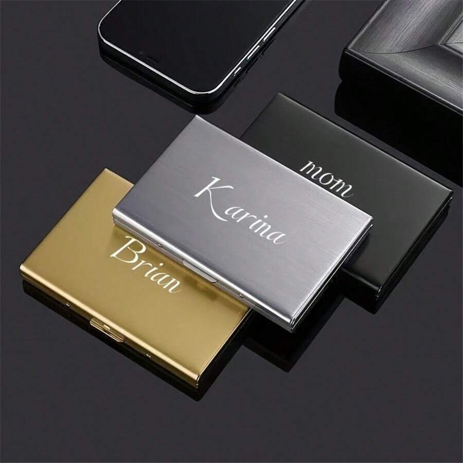 定制姓名防盗防射频识别屏蔽身份证银行信用卡夹钱包男士超薄铝盒金属迷你简约卡包个性化礼物父亲节丈夫男士钱包迷你钱包钱包卡包 - 彩色 - 查看 1