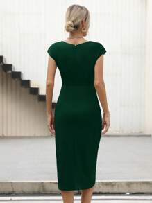 Missufe Women's Dark Green Boat Collar Pleats At Waist Cross Tulip Hem Slit Cocktail Party Wedding Guests Wrap Elegant Bodycon Figure-Hugging Midi Dress