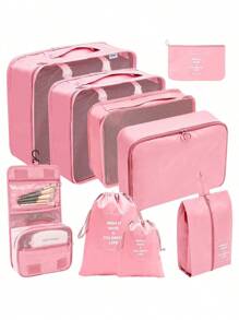 Multi Functional Travel 9-Piece Storage Bag, Luggage, Clothing Sorting And Organizing Bag, Storage Bag Set, 9-Piece Set Travel Essentials Travel Accessories Travel Must Haves For Women Travel Organizer Suitcase Summer Beach Vacation - Pink - View 2