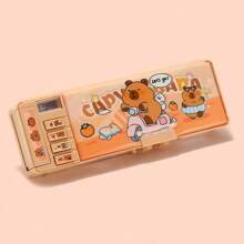 1个密码锁文具盒，双层多功能水豚卡通可爱铅笔盒，防水耐用防刮高品质男女通用学习用品收纳盒，附赠文具袋