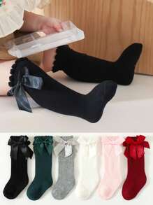 6 Pairs Baby Girl Over The Knee Socks, Long Leg Ribbed Stockings, Bowknot Accent, Solid Color, For Spring Autumn Wear, Ballet/Formal Dance - Multicolor - View 3