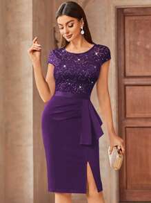 MIUSOL Women's Elegant Contrast Lace Sequin Insert Ruffle Trim Ruched Wrap Hem Bodycon Dress, Round Neck, Cap Sleeves, Perfect For Cocktail Party, Evening, Wedding Party - 紫色 - 查看 5
