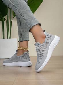 Scarpe da donna estive all'aperto in maglia e rete traspiranti, slip-on, leggere, per camminare e correre, sneaker - Grigio Chiaro - Visualizzare 5