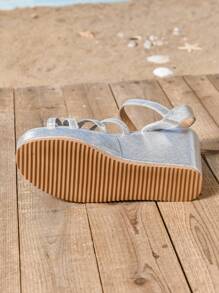 1 Pair Women's Platform Round Toe Criss-Cross Strap Sandals, Versatile Summer Shoes - Silver - View 7