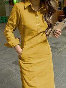 春秋新款时尚优雅翻领纽扣长袖女式阿拉伯连衣裙