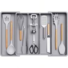 Utensil Organizer Kitchen Drawers, Expandable Cooking Utensil Tray, Adjustable Cutlery Silverware Flatware Holder, Plastic Kitchen Spatula Tools And Gadgets Storage Divider, Large, Black - Grey - View 1