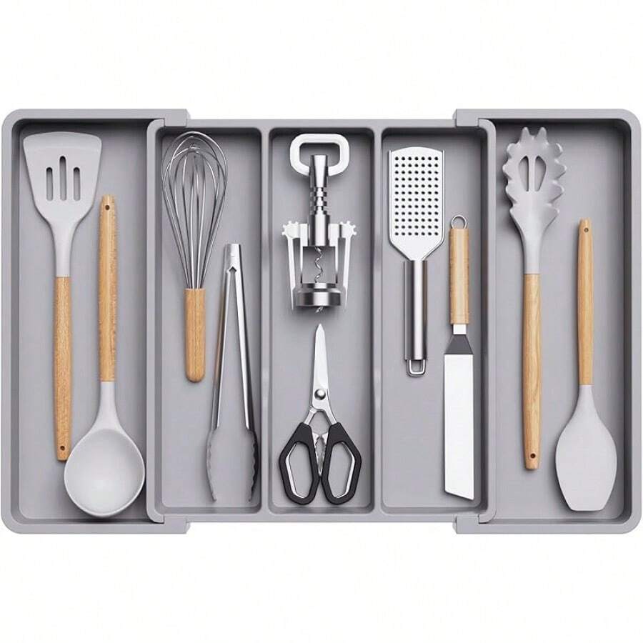 Utensil Organizer Kitchen Drawers, Expandable Cooking Utensil Tray, Adjustable Cutlery Silverware Flatware Holder, Plastic Kitchen Spatula Tools And Gadgets Storage Divider, Large, Black - 灰色 - 查看 1