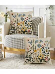Bộ 2 vỏ gối trang trí họa tiết hoa, kiểu thêu truyền thống, chất liệu polyester mềm mại, có khóa kéo, giặt máy được, phù hợp cho phòng khách, phòng ngủ, ghế sofa - Màu hồng, xanh dương, vàng, xanh lá cây - Không thêu - Nhiều màu - Xem 5