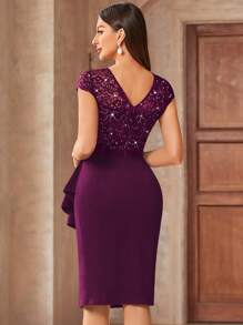 MIUSOL Contrast Lace Sequin Insert Ruffle Trim Ruched Wrap Hem Bodycon Dress