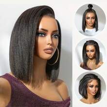 Uveous 42inch 250% Density Short Bob Kinky Straight Wig With Baby Hair - 13x4 HD Lace Front Human Hair Wig For Yaki Straight, Pre-Plucked, Elegant & Natural Look, Suitable For All Ethnicities, Short Hair Wig - 黑色 - 查看 3