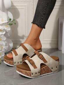 Sandali con tacco platform e plateau in stile vintage europeo e americano con doppia fibbia, tomaia bicolore, adatti per uso casual, all'aperto e per feste, con punta aperta, leggeri e comodi, colore beige, scarpe estive da spiaggia - Beige - Visualizzare 4
