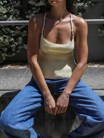 女士露背系带针织吊带背心 钩针细肩带背心 Y2k 无袖吊带夏季衬衫 街头服饰