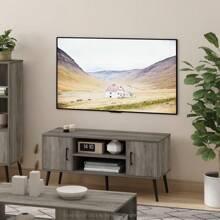 Meuble TV de style milieu de siècle avec pieds en bois pour téléviseurs jusqu'à 50 pouces, deux armoires, conception technique, deux armoires