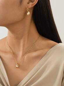 1pc Vintage Metallic Minimalist Teardrop Pendant Necklace & 1 Pair Of Creative Round Teardrop Hoop Earrings Set For Women, Daily Wear And Commute - Yellow Gold - View 6