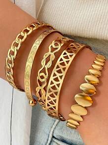 5pcs/Set Retro Exaggerated Wide Bangle Bracelet Set, Smooth Gold Color Asymmetrical Cuff Bracelets, Suitable For Women, Gift For Friends - Gold 2 - View 2