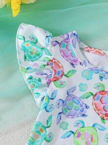 2pcs Baby Girl Summer Cap Sleeve Cartoon Turtle Print Dress Set - Multicolor - View 7