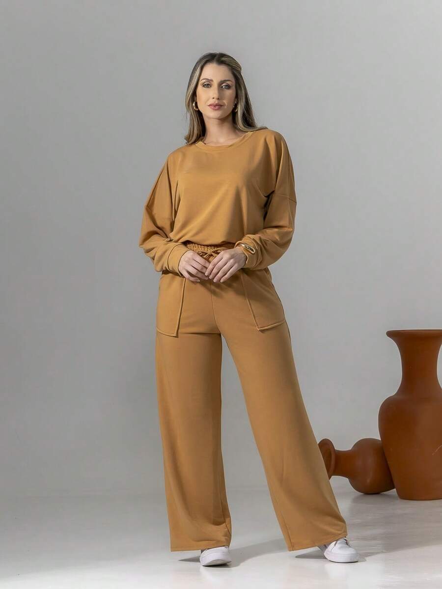 Sweatshirt Set Long Sleeve Blouse And Pants C3028 - Camel - View 1