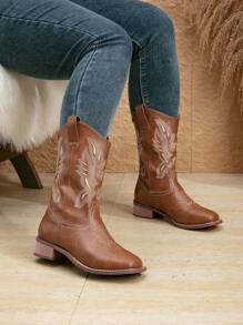 Women's Thick Heel Slip-On Embroidered Brown Western Ankle Booties, Go With Sweater Square Toe Mid-Calf Fashion Cowboy Boots, New Autumn Winter Short Shaft Riding Boots