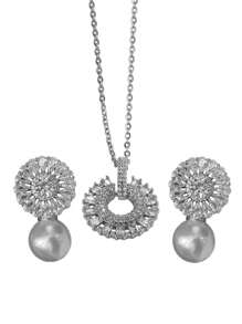 3 件套女士奢华珍珠新娘首饰套装、锆石耳环和项链、优雅婚礼配饰 - OPP袋套裝 - 查看 3