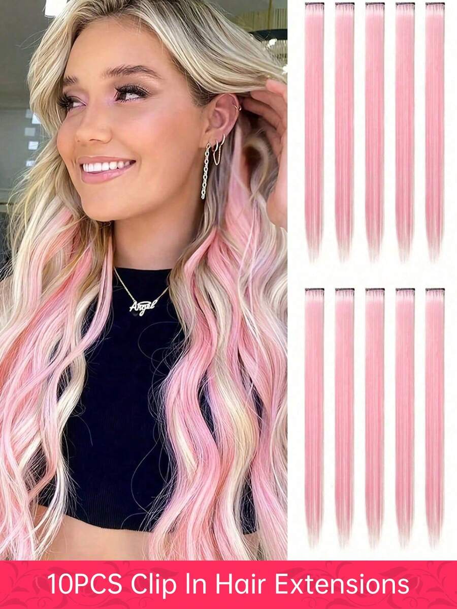 10pcs Pink Colored Clip-In Hair Extensions, Suitable For Women - Perfect For Daily Wear, Parties, Role-Playing And Cosplay - Straight Hair Extensions, Ombre Color - Y2K Style, Princess Party Colored Straight Hair Extensions, Clip-On Halloween Hair Accessories, 22 Inches - Pink - View 1