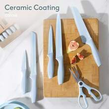 CAROTE 11 Pieces Knife Set With Block For Kitchen, Stainless Steel Razor-Sharp Blade, Triple Riveted Ergonomic Handle, Wooden Magnetic Block, Essential Knife Block Set, Beigeprompt Goods - 藍色 - 查看 7