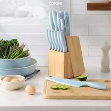 CAROTE 11 Pieces Knife Set With Block For Kitchen, Stainless Steel Razor-Sharp Blade, Triple Riveted Ergonomic Handle, Wooden Magnetic Block, Essential Knife Block Set, Beigeprompt Goods - 藍色 - 查看 9