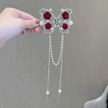 New Vintage Female Butterfly Pearl Tassel Hair Claw Rhinestone Clip Korean Simple Shark Ponytail Crab Clip Girls Hair Accessorie