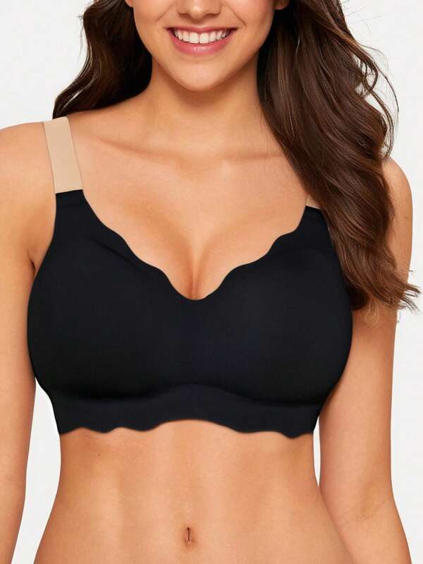 Sujetador inalámbrico y sin acolchado negro para mujer, con soporte transpirable, copa fija, efecto lifting y suavizante lateral, cómodo y con espalda lisa