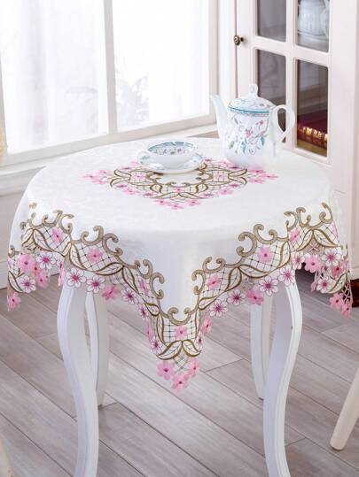 1pc Pink Cherry Blossom Tablecloth, Japanese Style Pastoral Square Polyester White Jacquard Fabric Art, 3D Embroidery Hollow-Out, Suitable For Daily Use, Wedding, Living Room, Dining Room, Coffee Table, Dinner Table, Square Table, Bedside Cabinet, Etc.