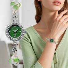 1pc Women's Niche Style Green Ceramic Bead Adjustable Band Quartz Wrist Watch, Unique Gift For Her