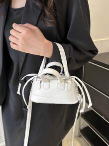Fashionable Solid Color PU Drawstring Mini Handbag, Metallic Color Crossbody Shell Bag For Women - White - View 5
