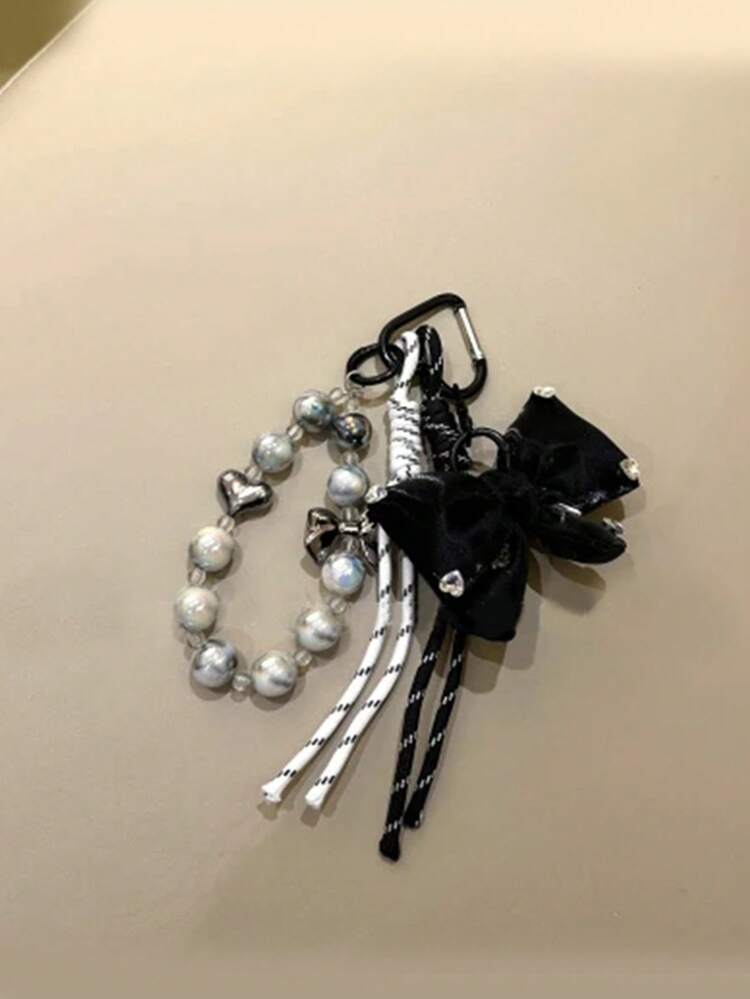 Yogodlns Original Exquisite Bag Pendant High-Grade Hand-Woven Rope Bow Beaded Rope Keychain Ins Mix Match Bag Pendant Maillard Style Designed Key Chain Charm Creative Long Tassel Keychain Luxury Pendant Keychain - Black - View 6