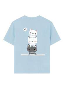 Tween Girls Casual Cat Print Crew Neck Short Sleeve T-Shirt, Summer Top - Baby Blue - View 3