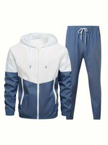 Men's Windproof Breathable Color Block Running & Fitness Tracksuit, Includes Jacket And Pants, Boyfriend Style, Sportswear, Casual Sports Set