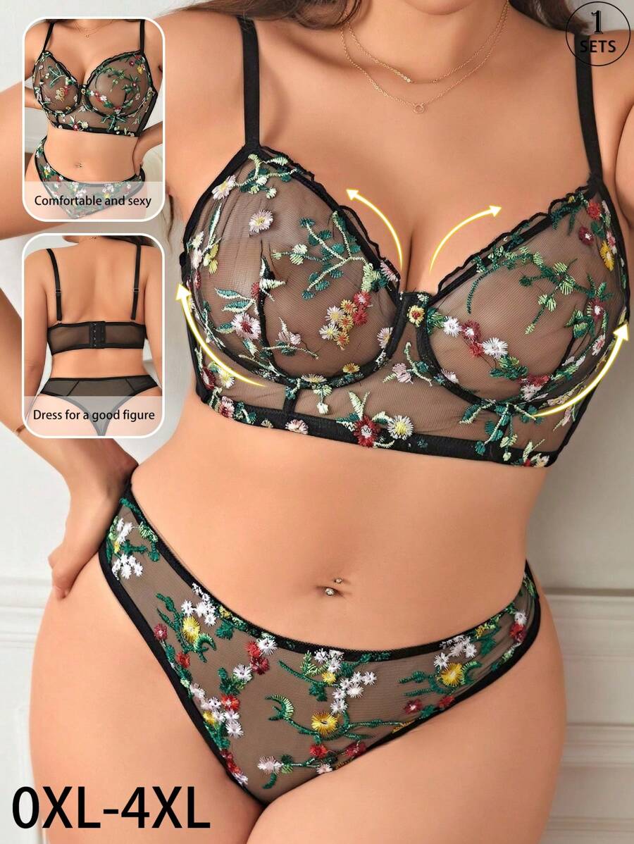 Bộ đồ lót nữ cỡ lớn, thiết kế họa tiết hoa thêu, bộ đồ lót cỡ lớn có gọng - màu đen - Xem 1