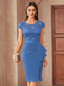 MIUSOL 优雅撞色蕾丝亮片拼接荷叶边裹身修身连衣裙，半正式女士连衣裙，适合鸡尾酒会、度假、毕业典礼、晚宴及其他夏季场合 - 藍色 - 查看 3