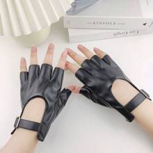1 Pair Women's Black Metal Buckle Adjustable Width Half Finger Motorcycle Leather Gloves - Black - View 3