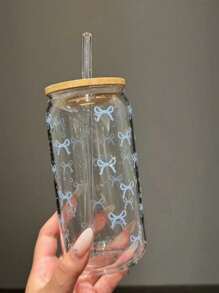 1个16盎司透明咖啡杯，粉色蝴蝶结图案，竹制杯盖和吸管，便携式饮料果汁杯，适合户外旅行、夏季和冬季，生日、节日和圣诞节礼物水瓶 - 無色 - 查看 8