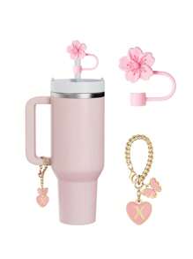 兼容 杯配件 1 件黑粉色吸管盖，用于杯吸管盖，1 件可爱心形字母和圆形字母饰物，适用于 30&40 盎司带手柄玻璃杯，字母饰物配件的长度为 3.94 英寸。个性化字母配件