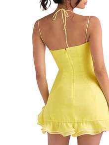 Womens Sling Dress Spaghetti Straps Halter Neck Backless Solid Color Ruffle Trim Summer Mini Cami Dresses - Yellow - View 6