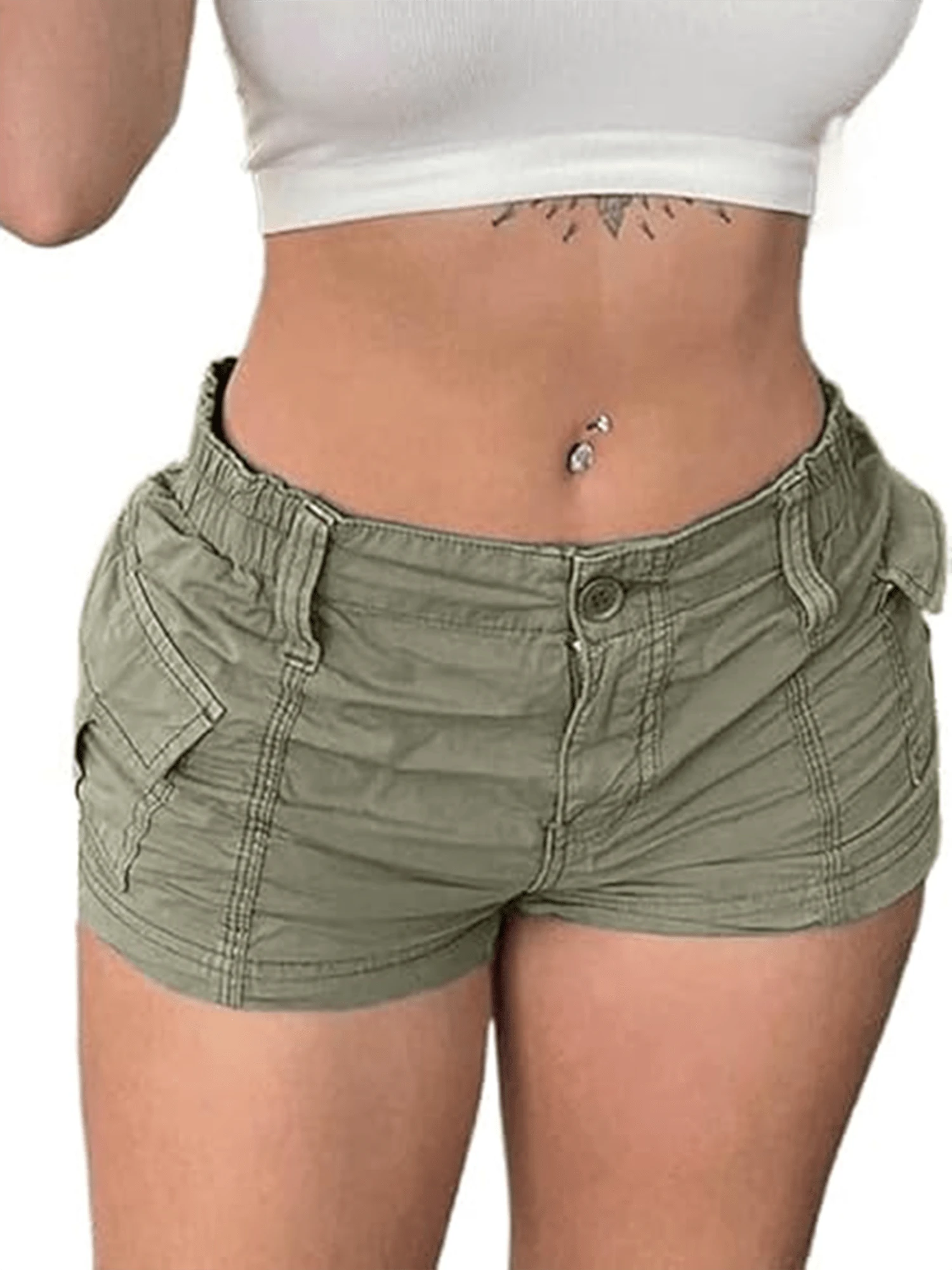 Women Cargo Shorts Vintage Casual Summer Elastic Low Waist Shorts With Pockets For Nightclub Streetwear - 軍綠色 - 查看 1