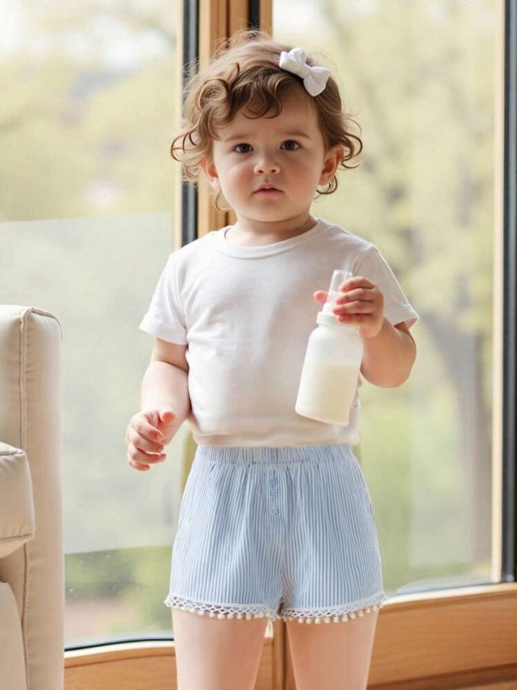 Toddler Baby Girls Beach Shorts Kids Summer Elastic Band Fashion Striped Lounge Shorts - 藍色 - 查看 4