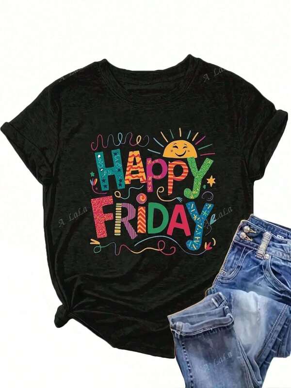 Normale dames plus size effen ronde hals korte mouw casual alfabet Happy Friday print plus size t-shirt grafische tees dames tops