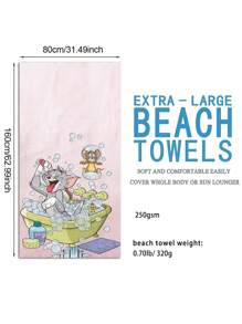 TOM AND JERRY. 1pc Cartoon Tom & Jerry Pattern Beach Towel, Soft & Comfortable For Home, Bathroom, Swimming, Children & Adults