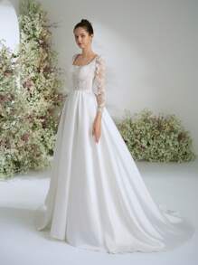 Elasola Glamorous Square Neck Beaded Lace Floral Lace Patchwork Satin Split Thigh Garden Party Sheer Long Sleeve Palace Style Wedding Dresses For Bride With Train