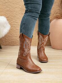 Women's Thick Heel Slip-On Embroidered Brown Western Ankle Booties, Go With Sweater Square Toe Mid-Calf Fashion Cowboy Boots, New Autumn Winter Short Shaft Riding Boots