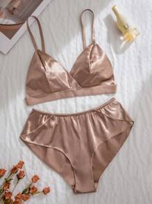 1 Set Women Plain Triangle Cup Seamless Comfortable Bra Set - Camel - View 3