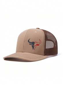 1pc Men's Patchwork Ox Print Adjustable Baseball Cap, Breathable Mesh Outdoor Riding Fishing Sun Protection Hat