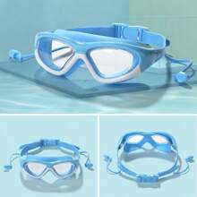 1pc防水防雾大框潜水一体镜一体式耳塞硅胶游泳镜大框游泳镜适合游泳训练休闲 - 藍色 - 查看 12